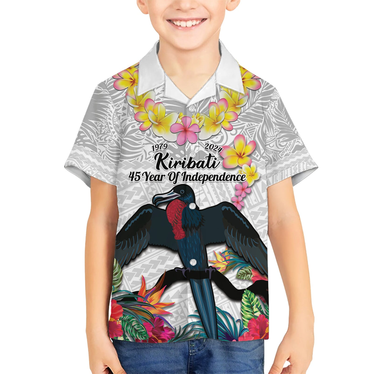 Kiribati Unabhängigkeitstag Hawaiihemd Fregattvogel Mix Tropische Blumen - Weiß Stil LT14
