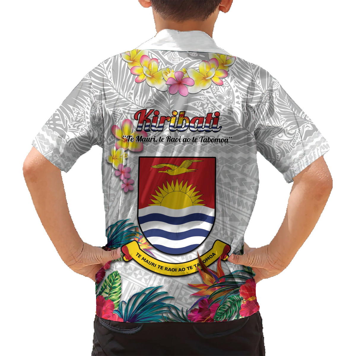 Kiribati Unabhängigkeitstag Hawaiihemd Fregattvogel Mix Tropische Blumen - Weiß Stil LT14