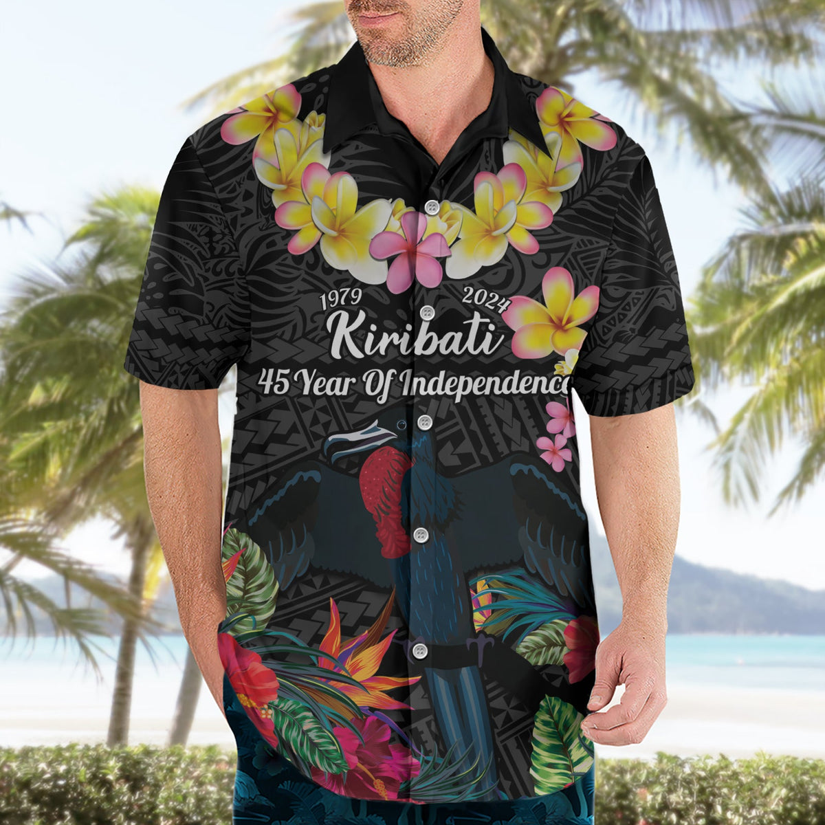 Kiribati Unabhängigkeitstag Hawaiihemd Fregattvogel Mix Tropische Blumen - Schwarz Stil LT14