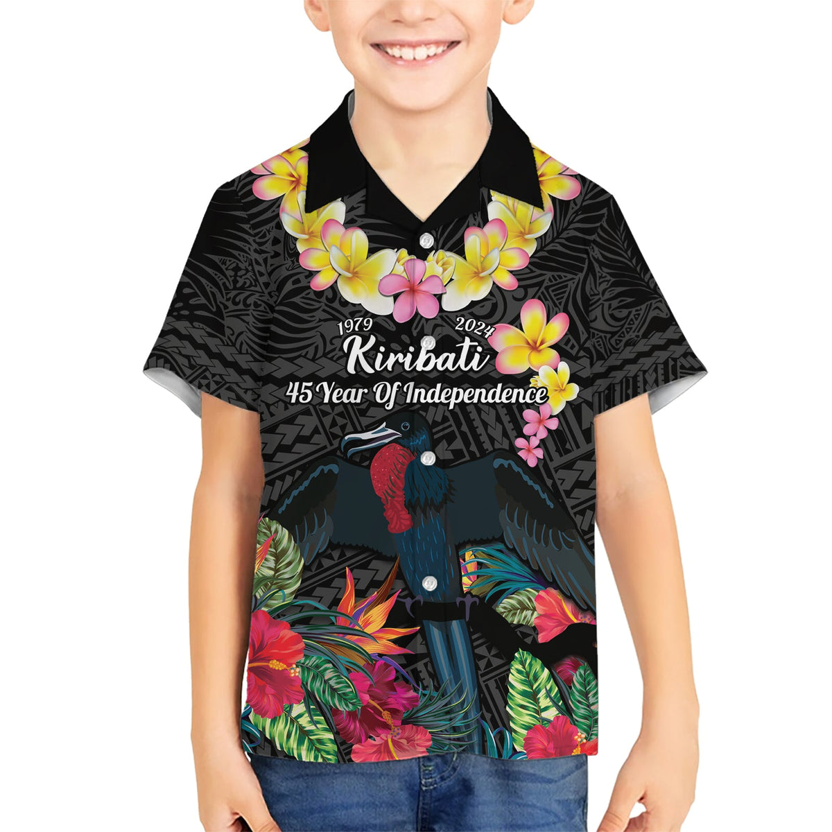 Kiribati Unabhängigkeitstag Hawaiihemd Fregattvogel Mix Tropische Blumen - Schwarz Stil LT14