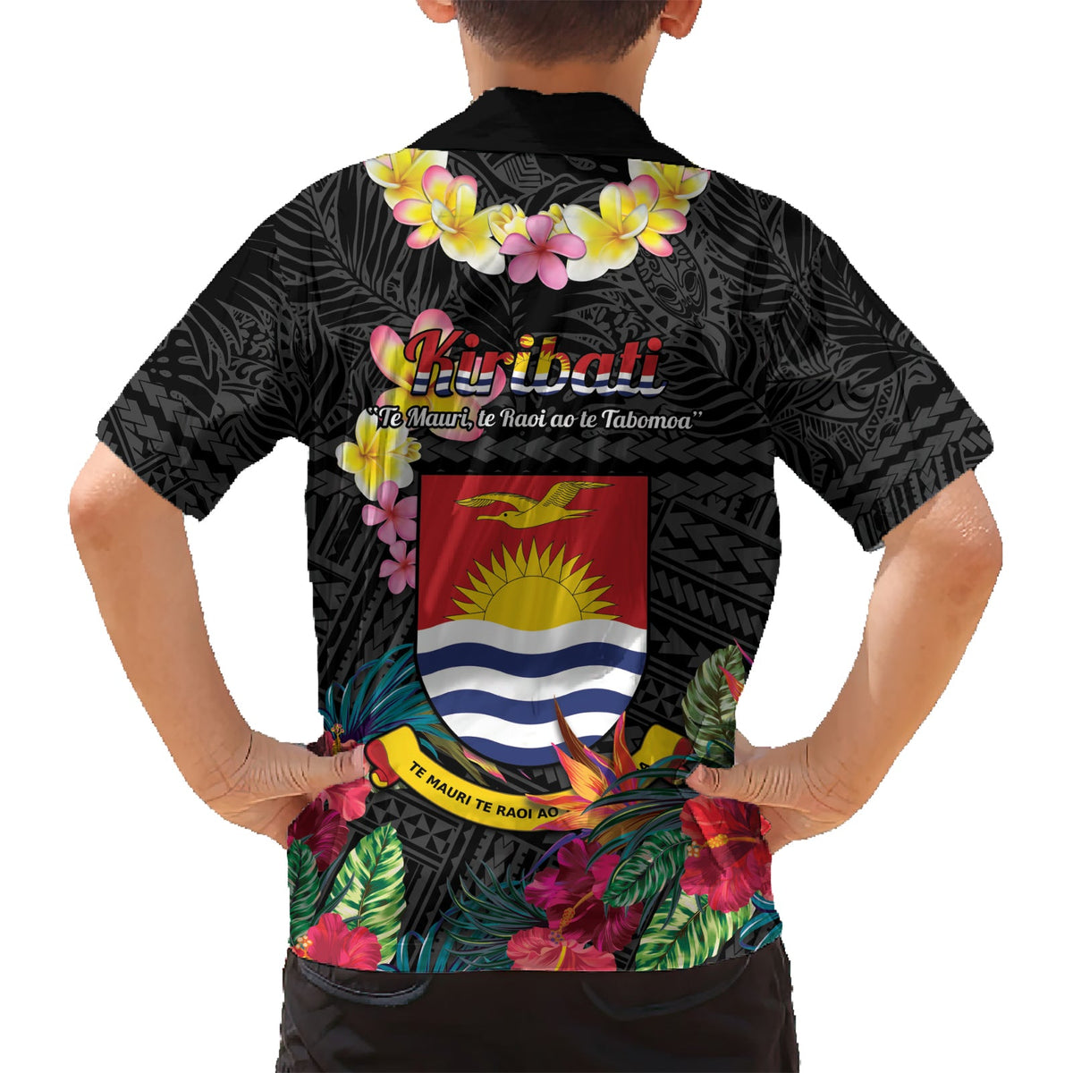 Kiribati Unabhängigkeitstag Hawaiihemd Fregattvogel Mix Tropische Blumen - Schwarz Stil LT14