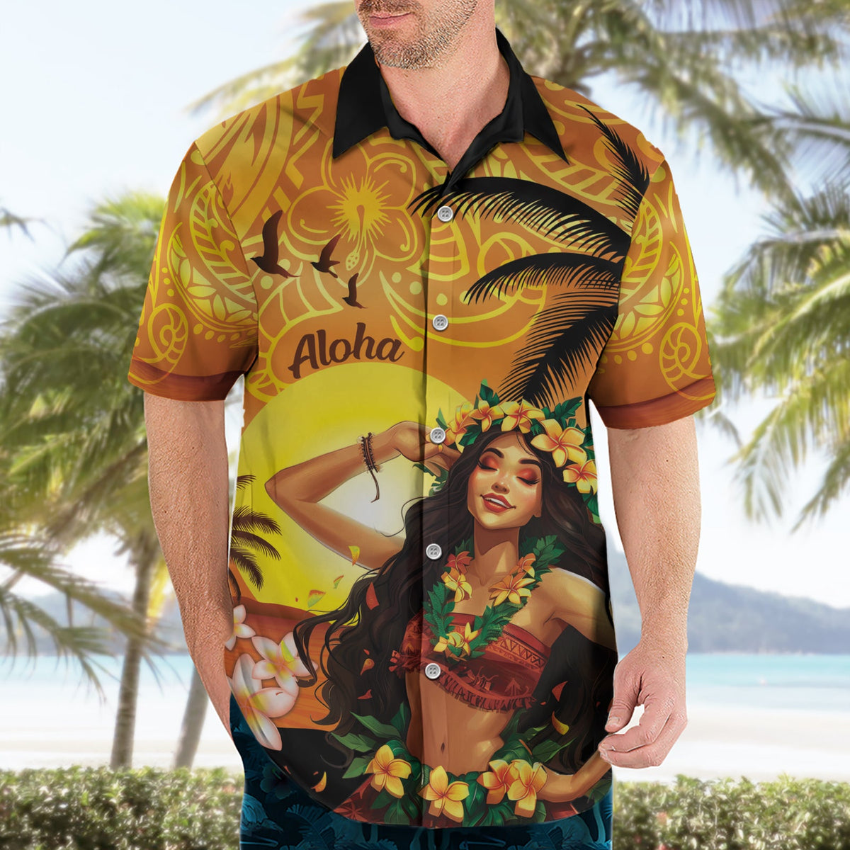 Aloha Hawaii Frauentag Hawaiihemd Hula-Mädchen mit Sonnenuntergang Vibes LT14