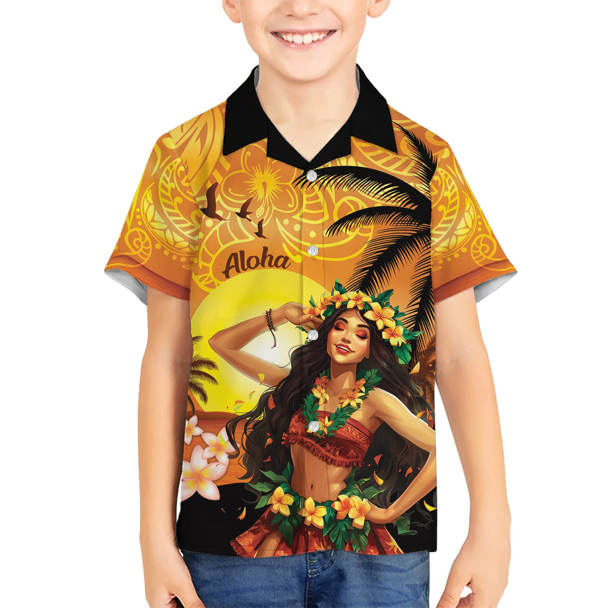 Aloha Hawaii Frauentag Hawaiihemd Hula-Mädchen mit Sonnenuntergang Vibes LT14