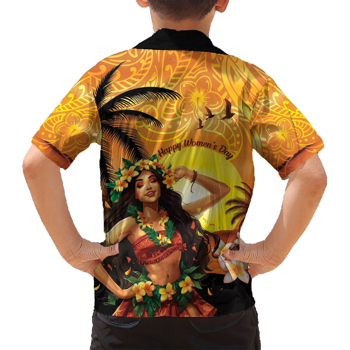 Aloha Hawaii Frauentag Hawaiihemd Hula-Mädchen mit Sonnenuntergang Vibes LT14
