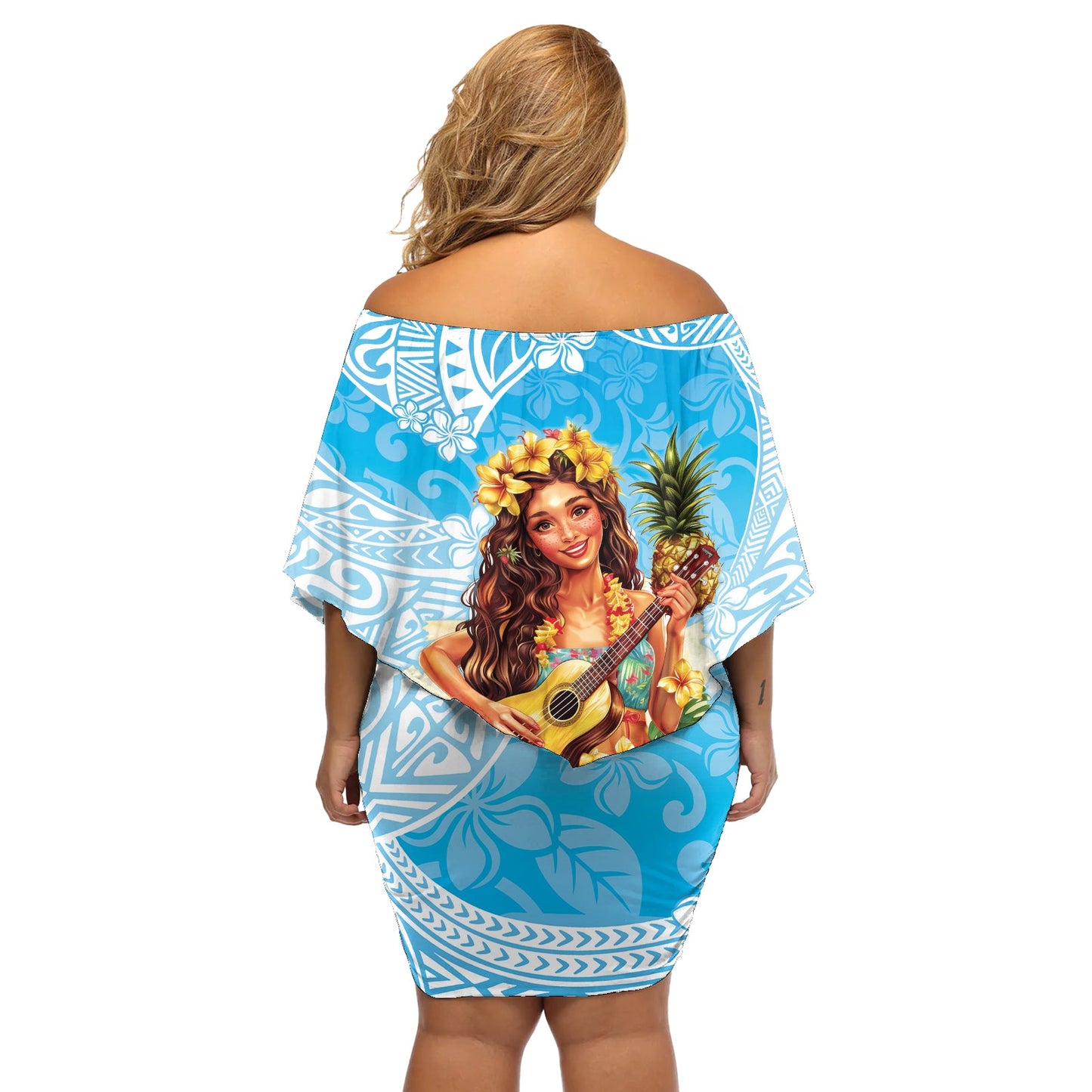 Aloha Hawaii Damen Tag Schulterfreies Kurzes Kleid blumen Hula Mädchen mit Ukulele Tropischer Stil LT14