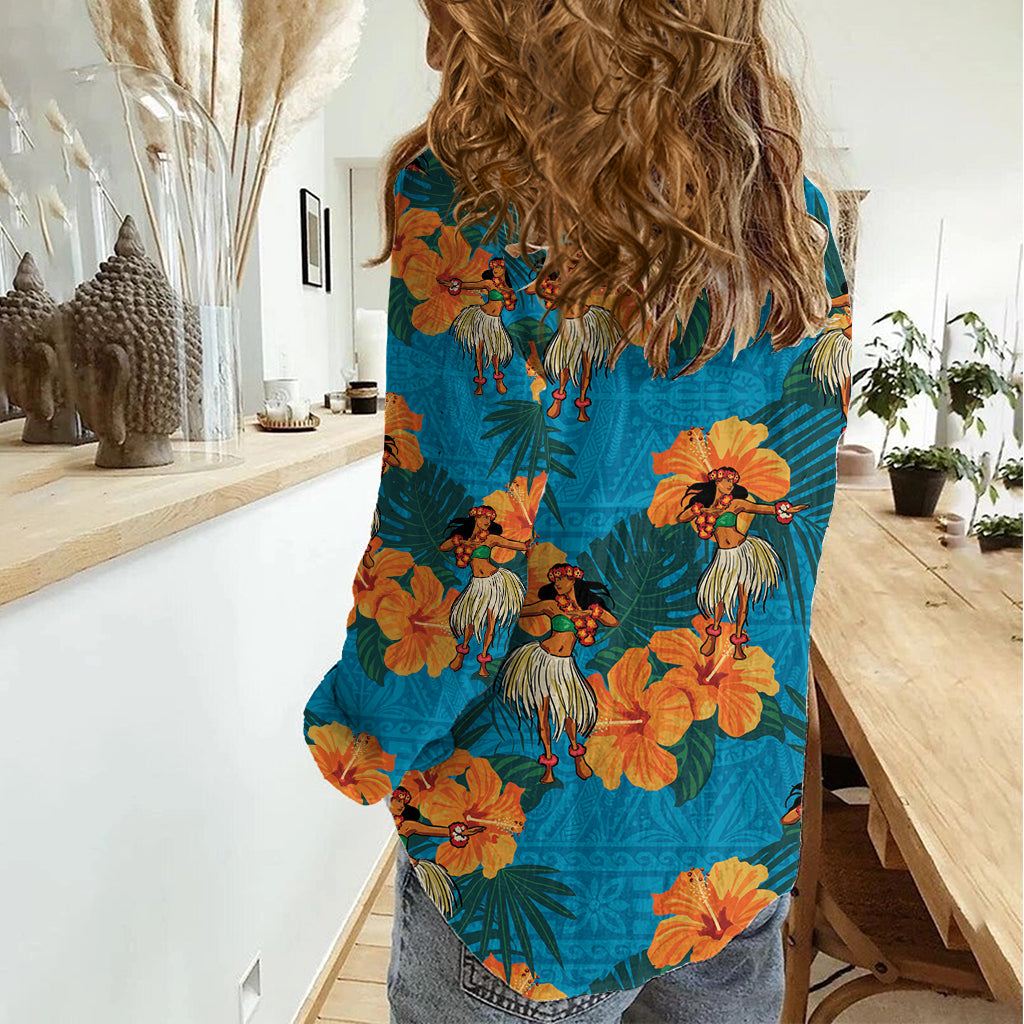 Hawaii Luau Party Damen Freizeithemd Tanzendes Mädchen Tropische Blumen LT14