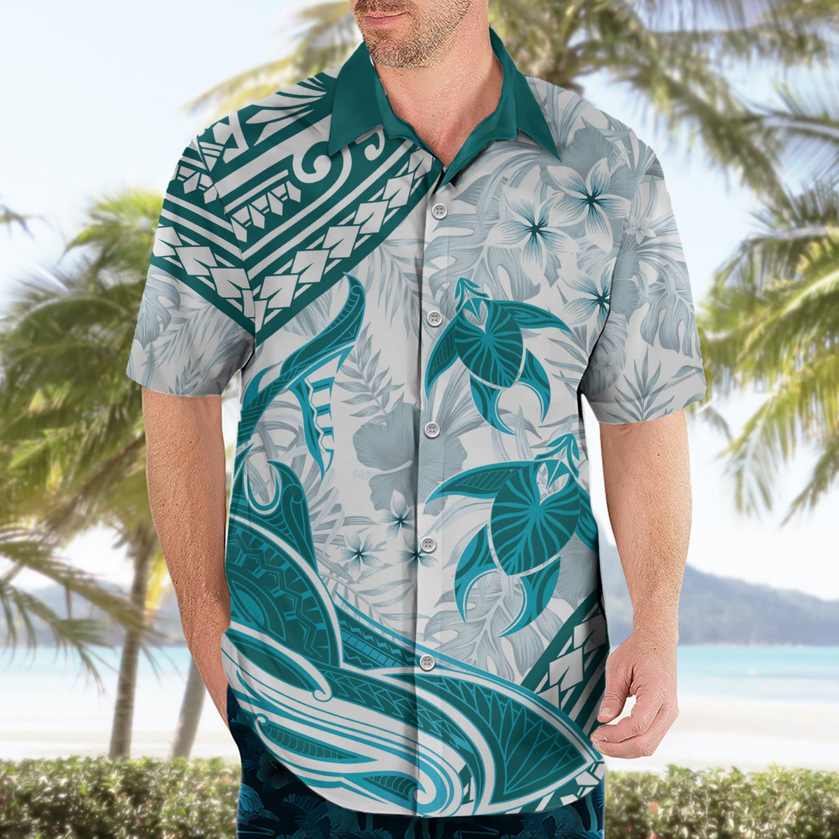 Cyan Polynesien Hawaiihemd Polynesische Schildkröte Hai Tattoo Tropischer Vintage LT14