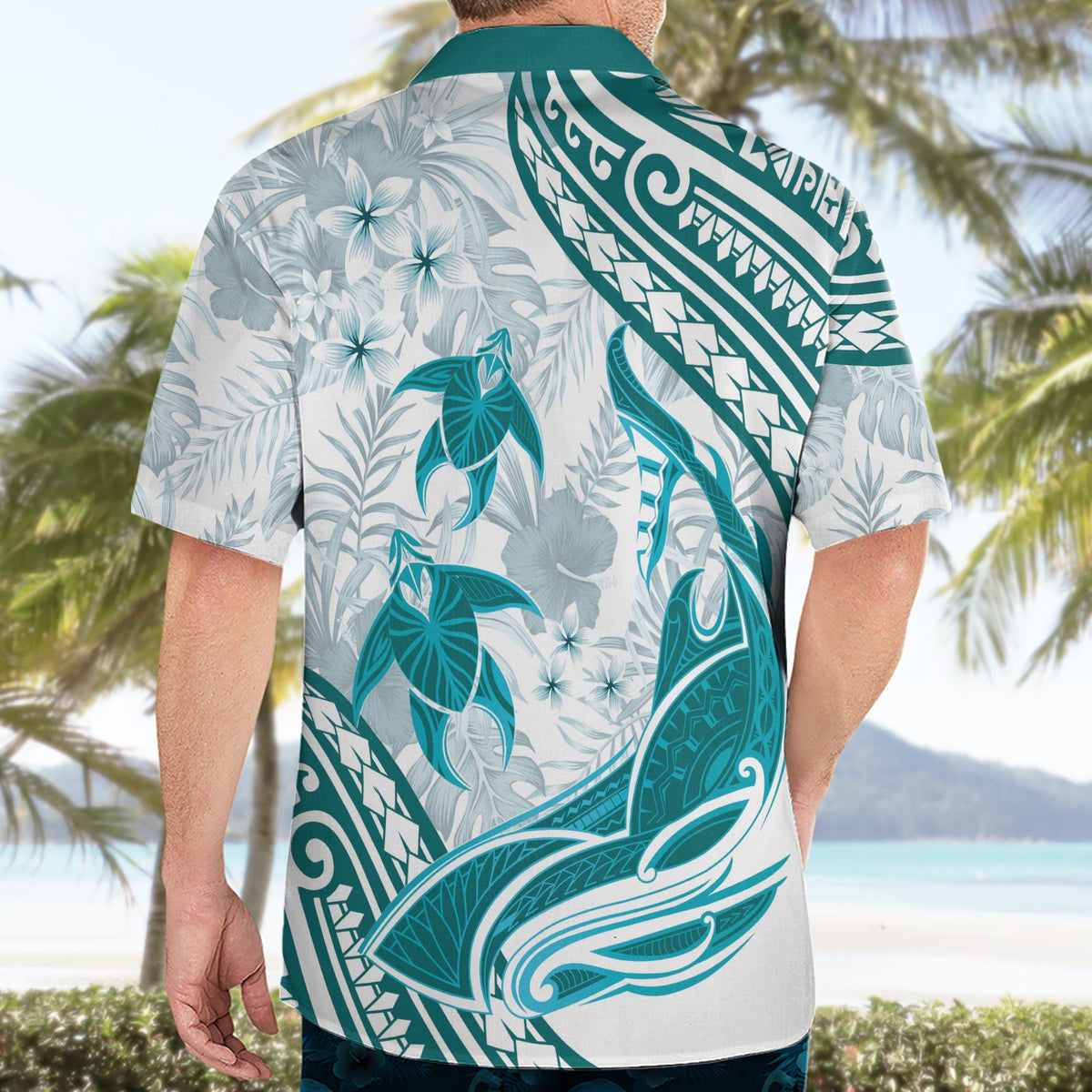 Cyan Polynesien Hawaiihemd Polynesische Schildkröte Hai Tattoo Tropischer Vintage LT14