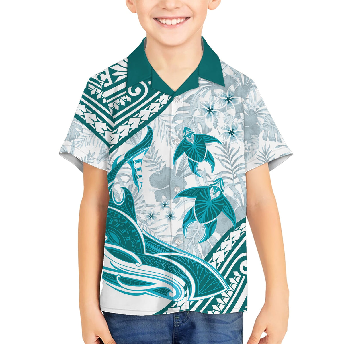 Cyan Polynesien Hawaiihemd Polynesische Schildkröte Hai Tattoo Tropischer Vintage LT14