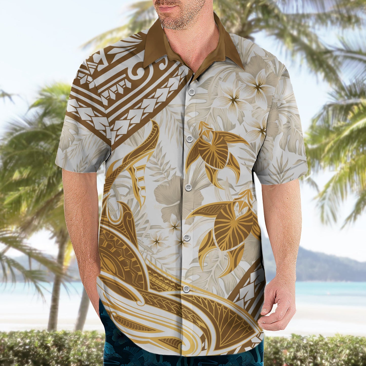 Gold Polynesien Hawaiihemd Polynesische Schildkröte Hai Tattoo Tropischer Vintage LT14