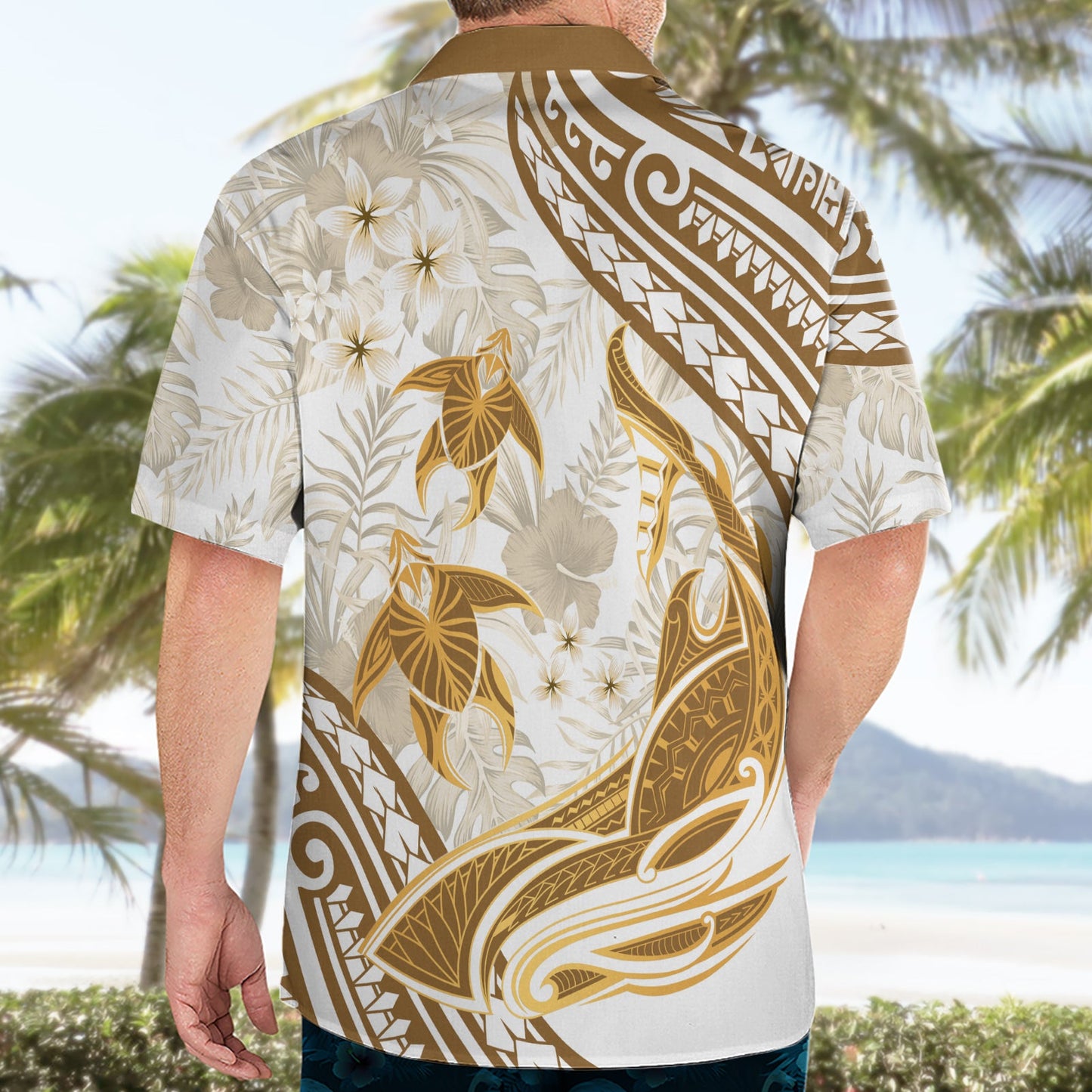Gold Polynesien Hawaiihemd Polynesische Schildkröte Hai Tattoo Tropischer Vintage LT14