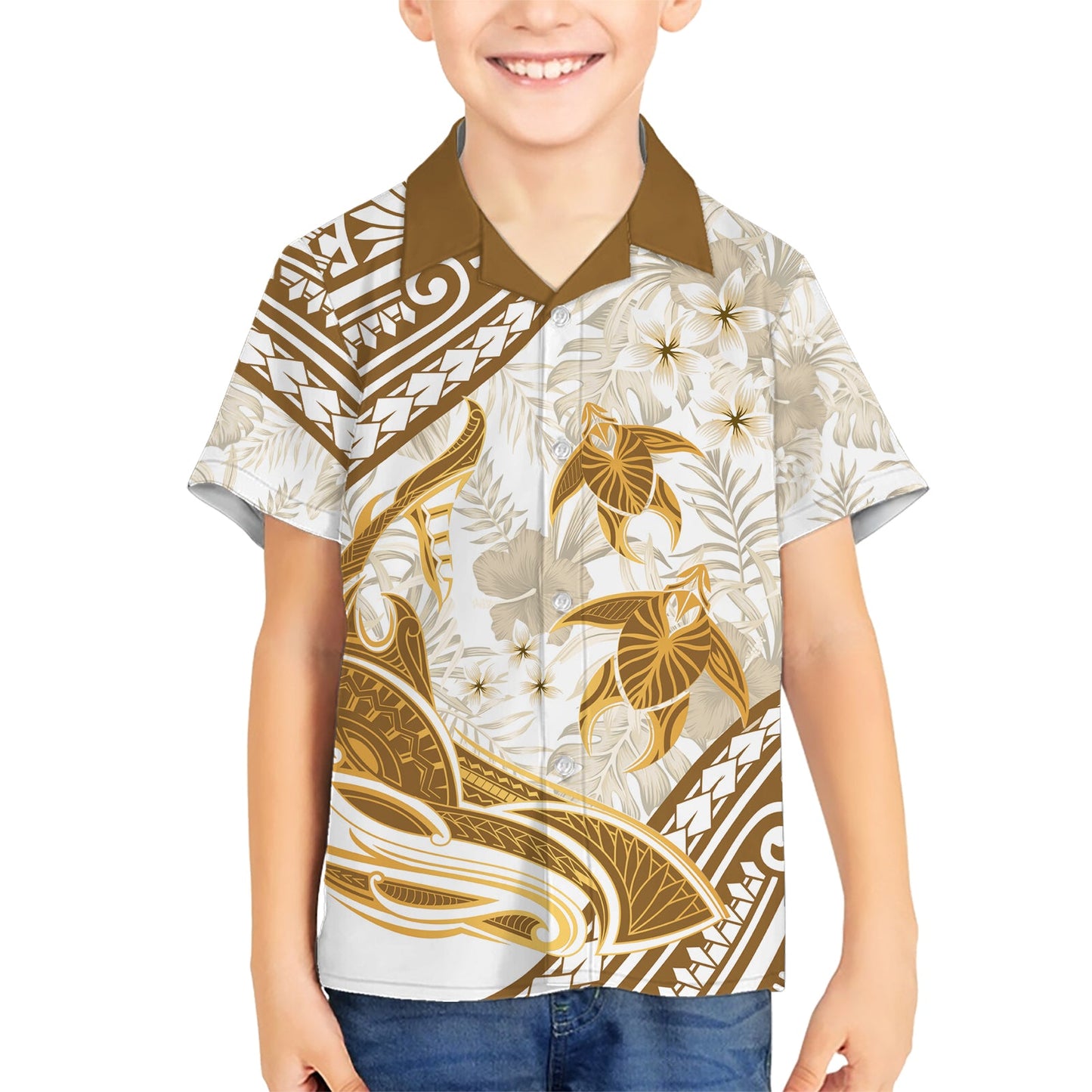 Gold Polynesien Hawaiihemd Polynesische Schildkröte Hai Tattoo Tropischer Vintage LT14