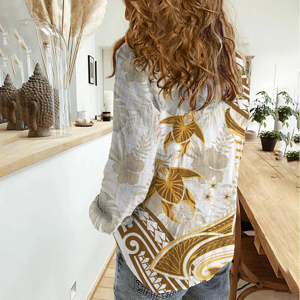Gold Polynesian Damen Casual Shirt Polynesian Turtle Shark Tattoo Tropical Vintage LT14