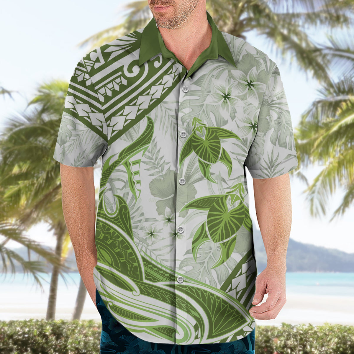 Hellgrünes Polynesien Hawaiihemd Polynesische Schildkröte Hai Tattoo Tropischer Vintage LT14