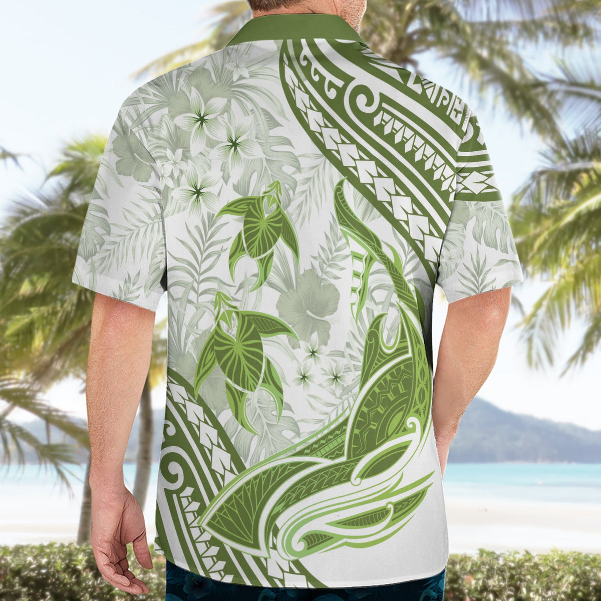 Hellgrünes Polynesien Hawaiihemd Polynesische Schildkröte Hai Tattoo Tropischer Vintage LT14