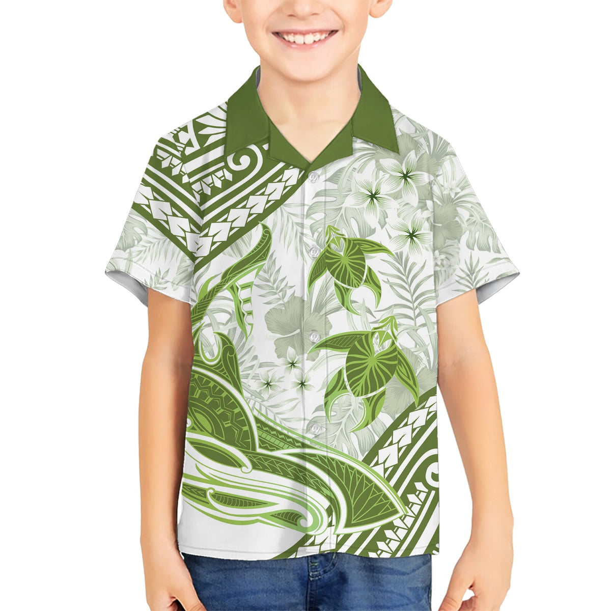 Hellgrünes Polynesien Hawaiihemd Polynesische Schildkröte Hai Tattoo Tropischer Vintage LT14