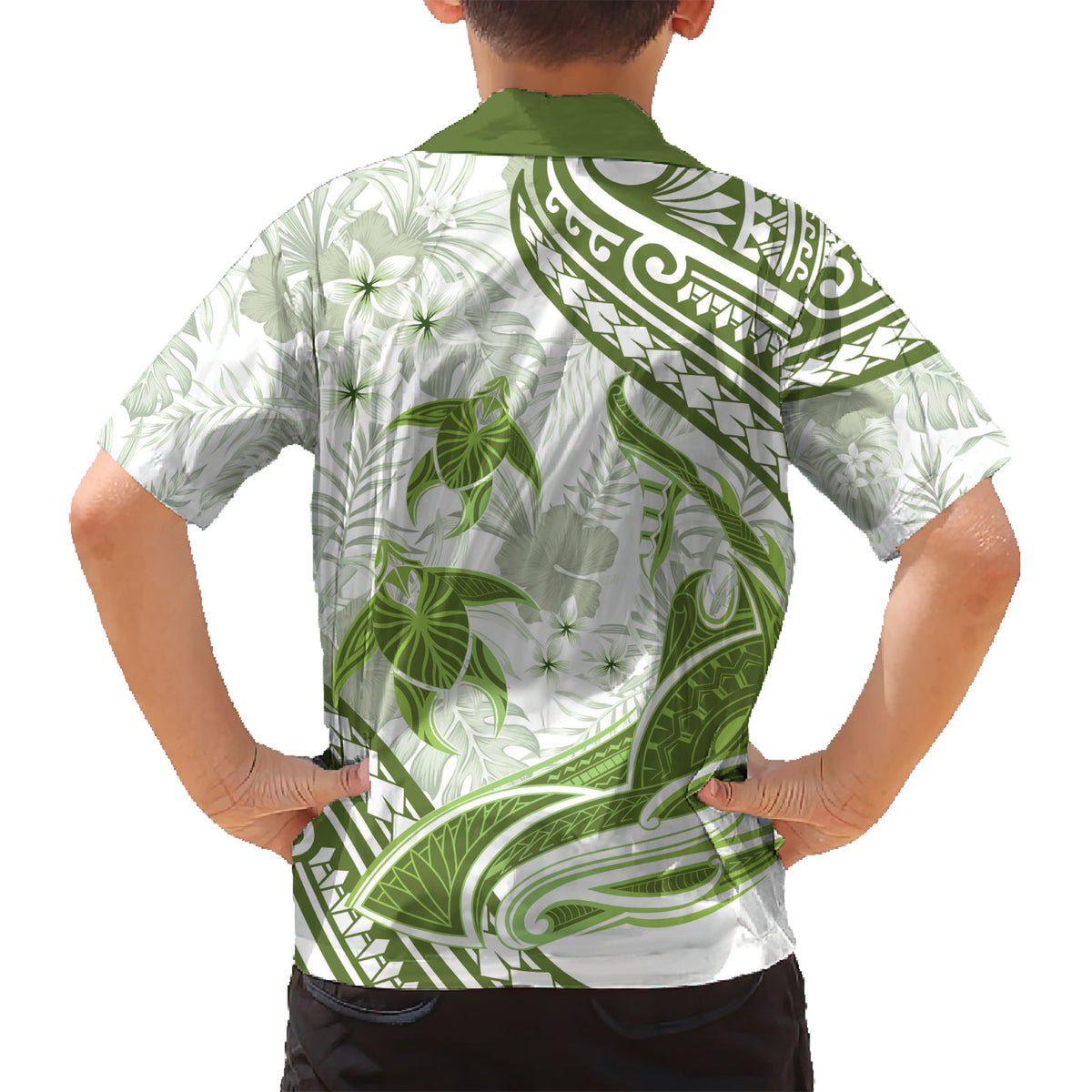 Hellgrünes Polynesien Hawaiihemd Polynesische Schildkröte Hai Tattoo Tropischer Vintage LT14
