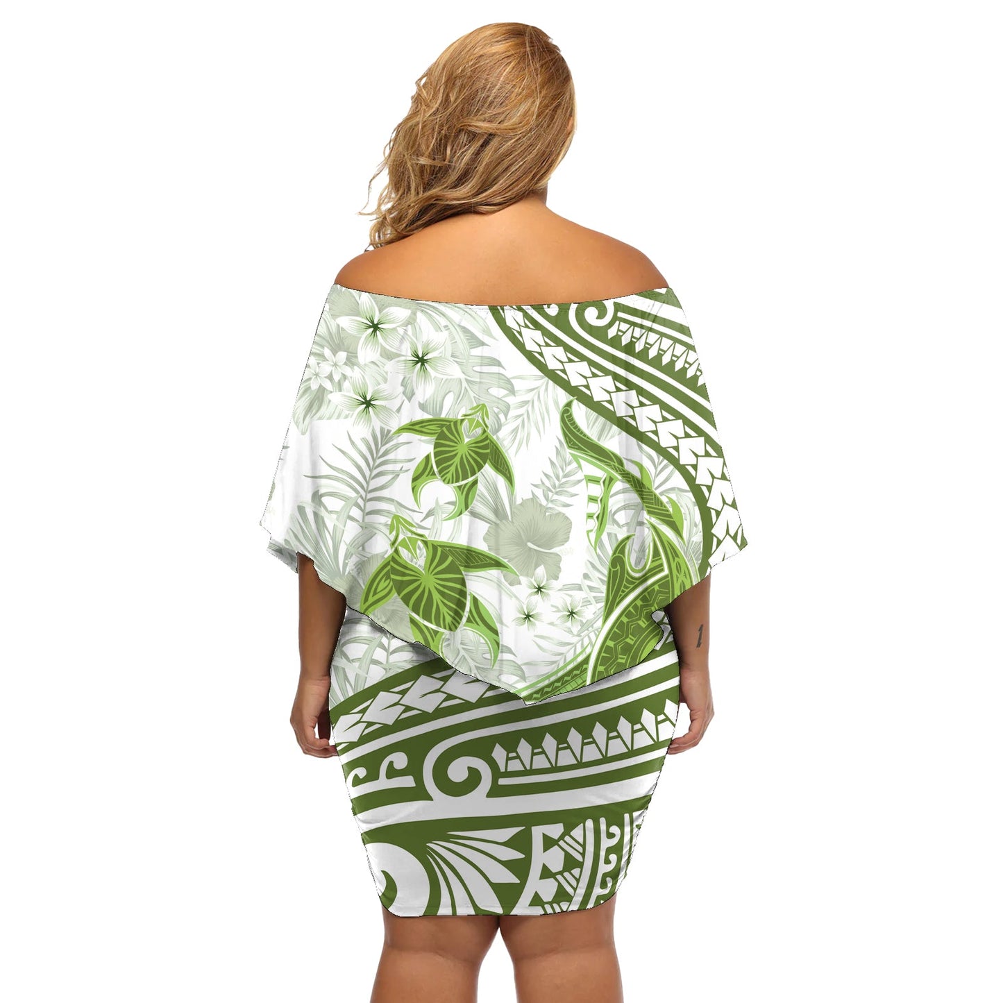 Limettengrünes Polynesien-Schulterfreies kurzes Kleid blumen Polynesische Schildkröte Hai Tattoo Tropischer Vintage LT14