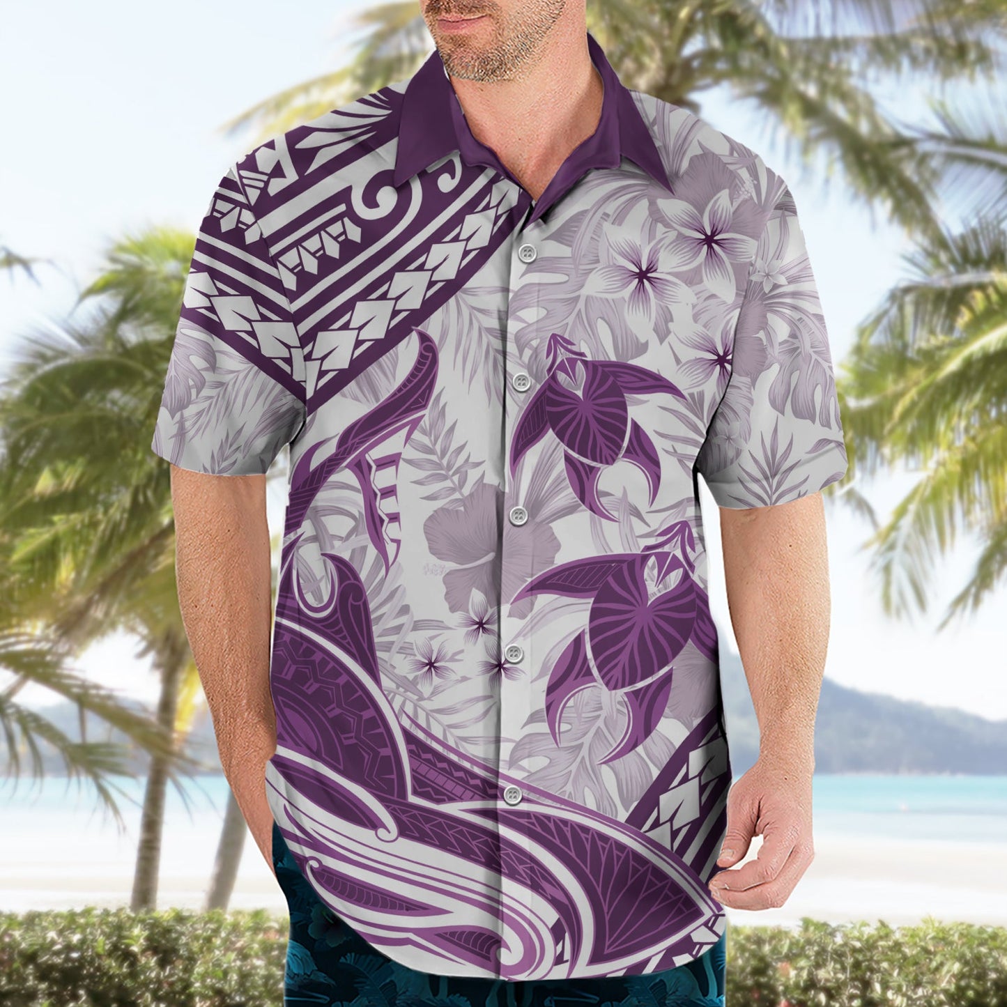 Lila Polynesien Hawaiihemd Polynesische Schildkröte Hai Tattoo Tropical Vintage LT14