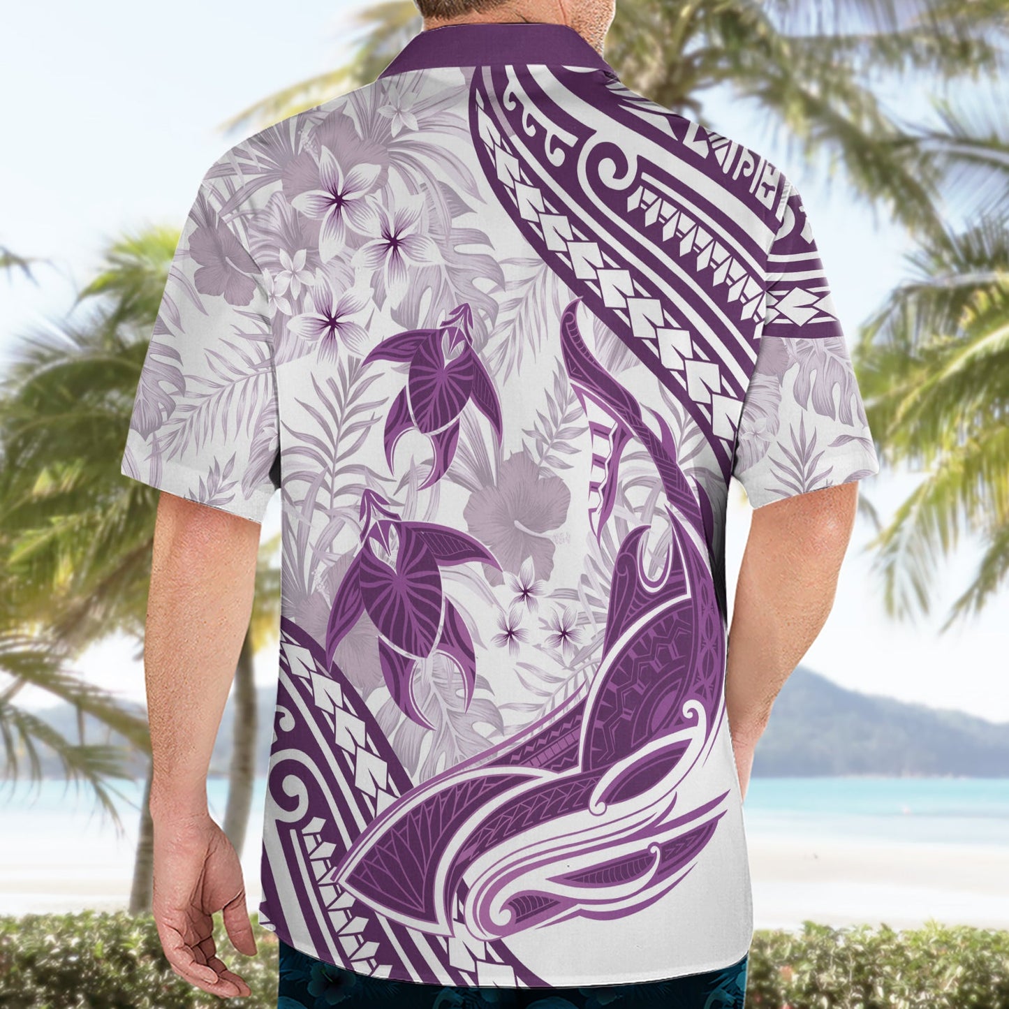 Lila Polynesien Hawaiihemd Polynesische Schildkröte Hai Tattoo Tropical Vintage LT14