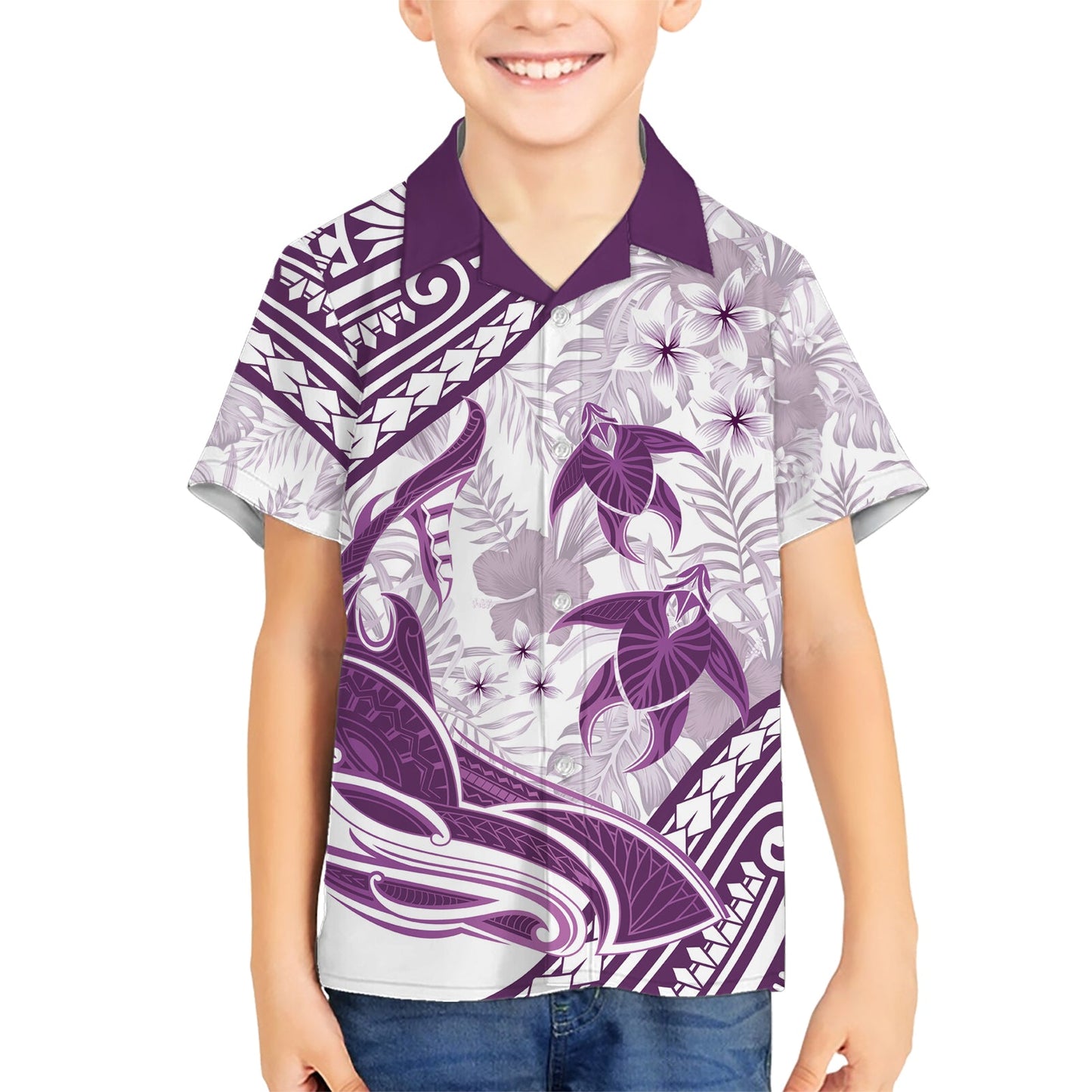 Lila Polynesien Hawaiihemd Polynesische Schildkröte Hai Tattoo Tropical Vintage LT14