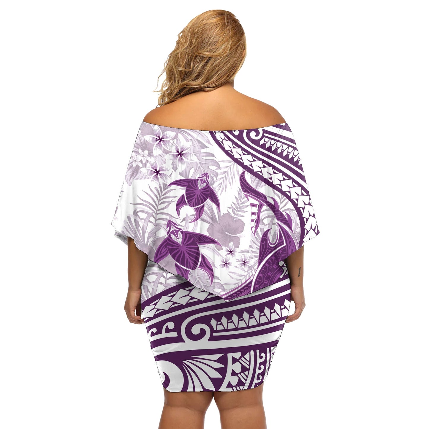 Lila Polynesien Off Shoulder Kurzes Kleid blumen Polynesian Turtle Shark Tattoo Tropical Vintage LT14