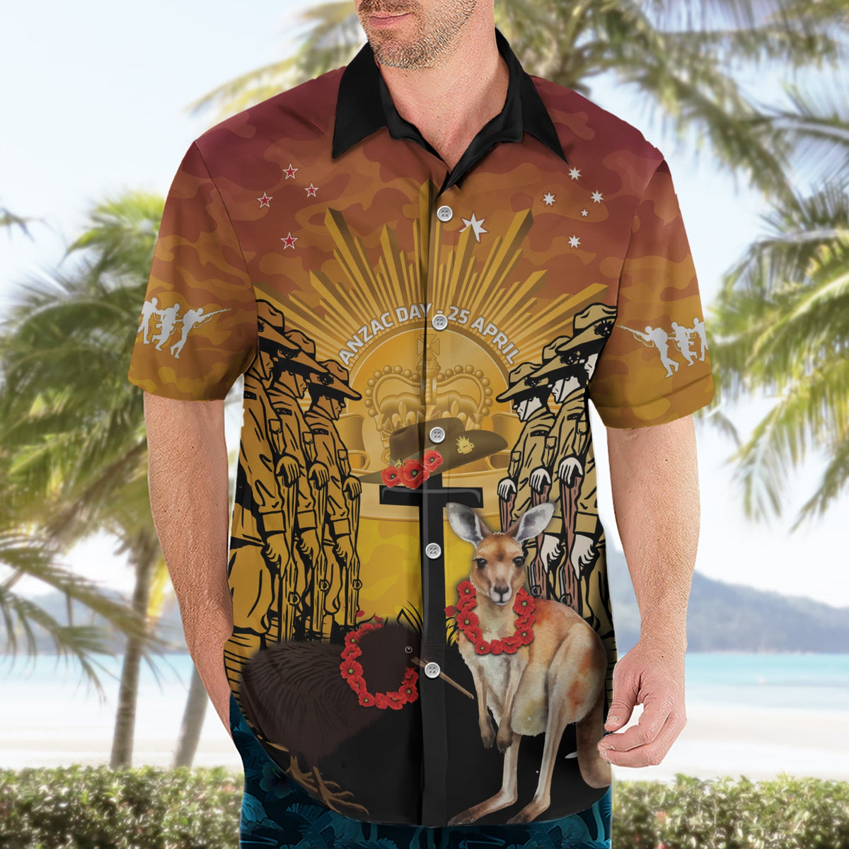 Australien und Neuseeland ANZAC Hawaiihemd Aussie Känguru mit Aotearoa Kiwi Lest We Forget LT14