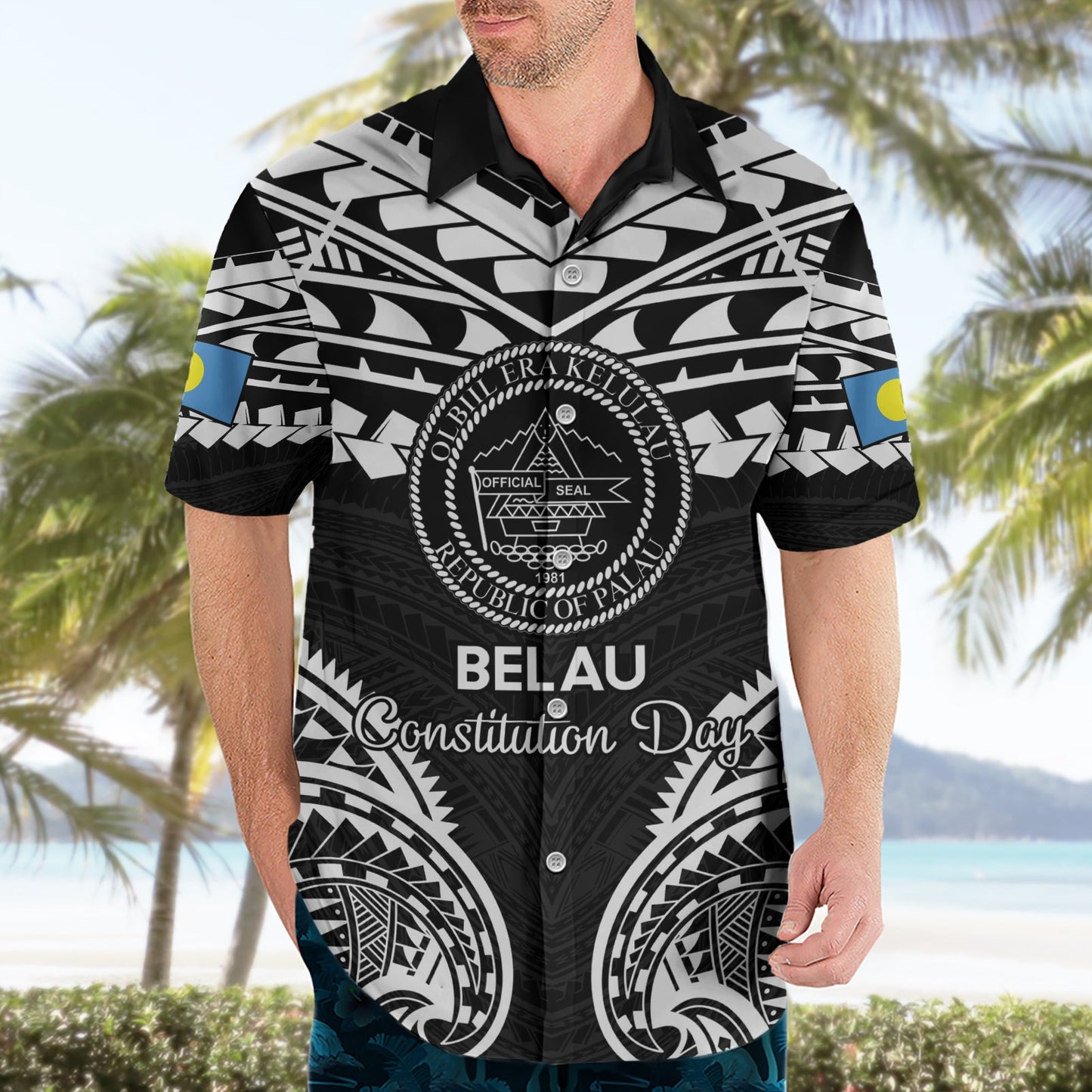 Palau Constitution Day Hawaiihemd Belau-Siegel mit polynesischem Muster - Schwarz LT14