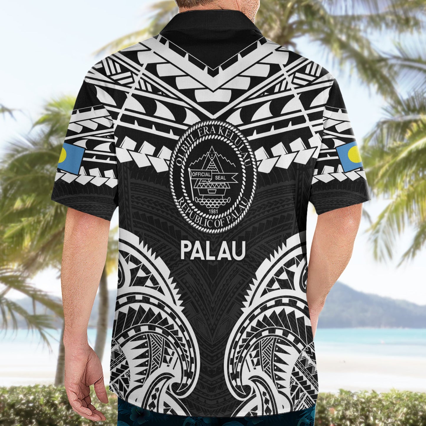 Palau Constitution Day Hawaiihemd Belau-Siegel mit polynesischem Muster - Schwarz LT14