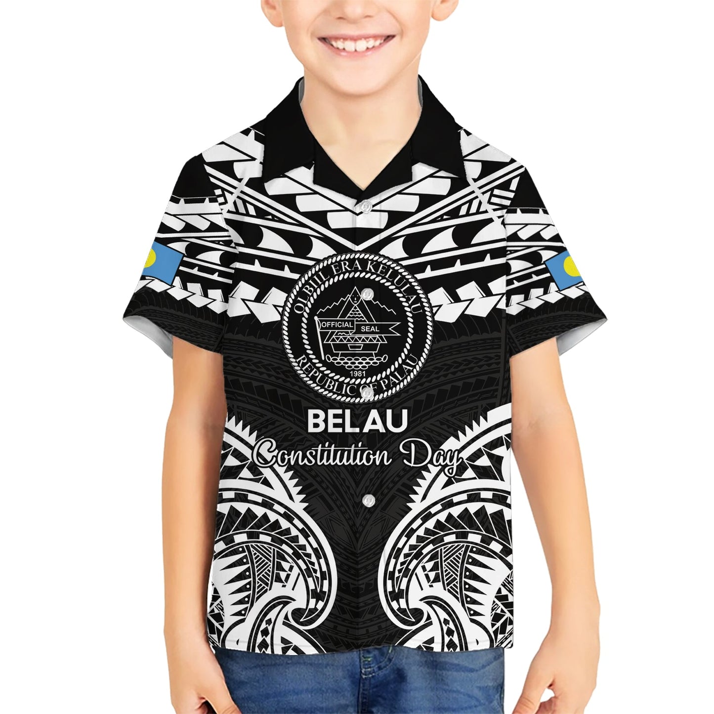 Palau Constitution Day Hawaiihemd Belau-Siegel mit polynesischem Muster - Schwarz LT14