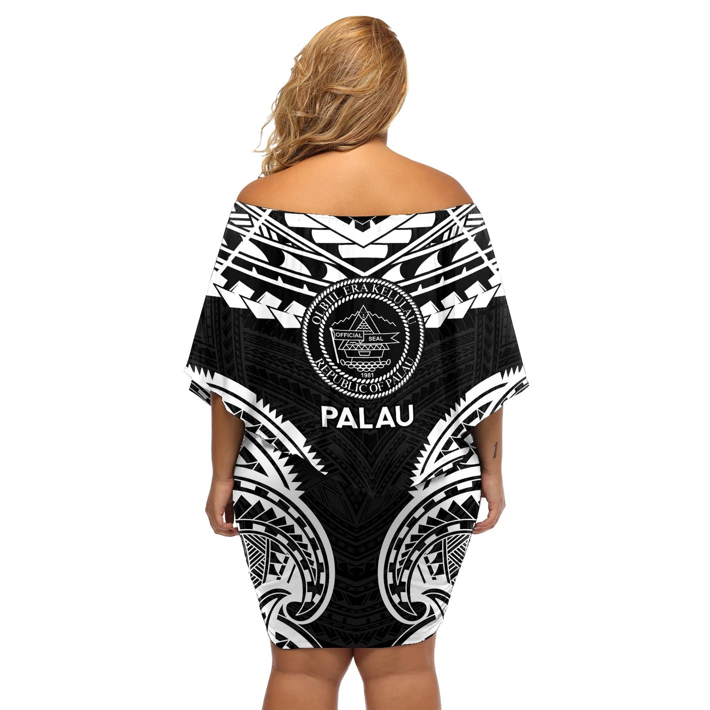 Palau Constitution Day Schulterfreies, kurzes Kleid mit blumen Belau Seal mit polynesischem Muster - Schwarz LT14