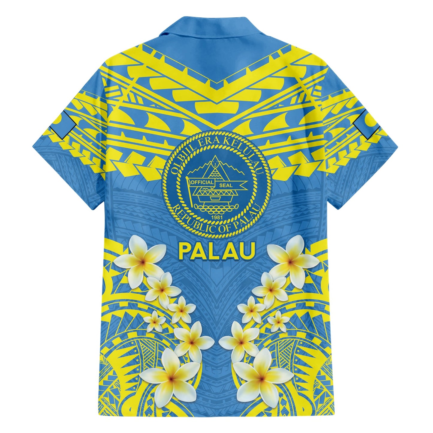 Palau Constitution Day Hawaiihemd Belau-Siegel mit polynesischem Frangipani-Muster - Blau LT14