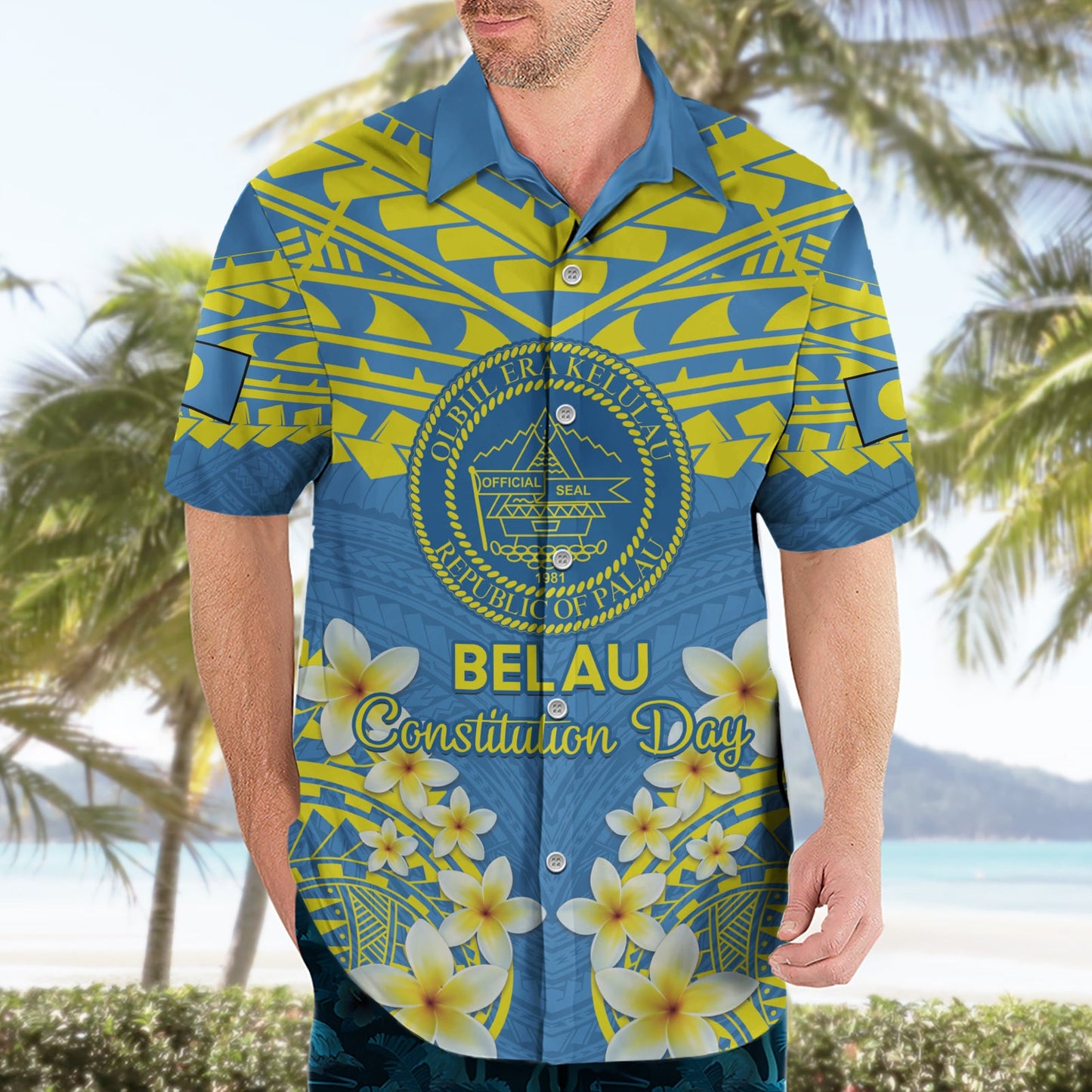 Palau Constitution Day Hawaiihemd Belau-Siegel mit polynesischem Frangipani-Muster - Blau LT14