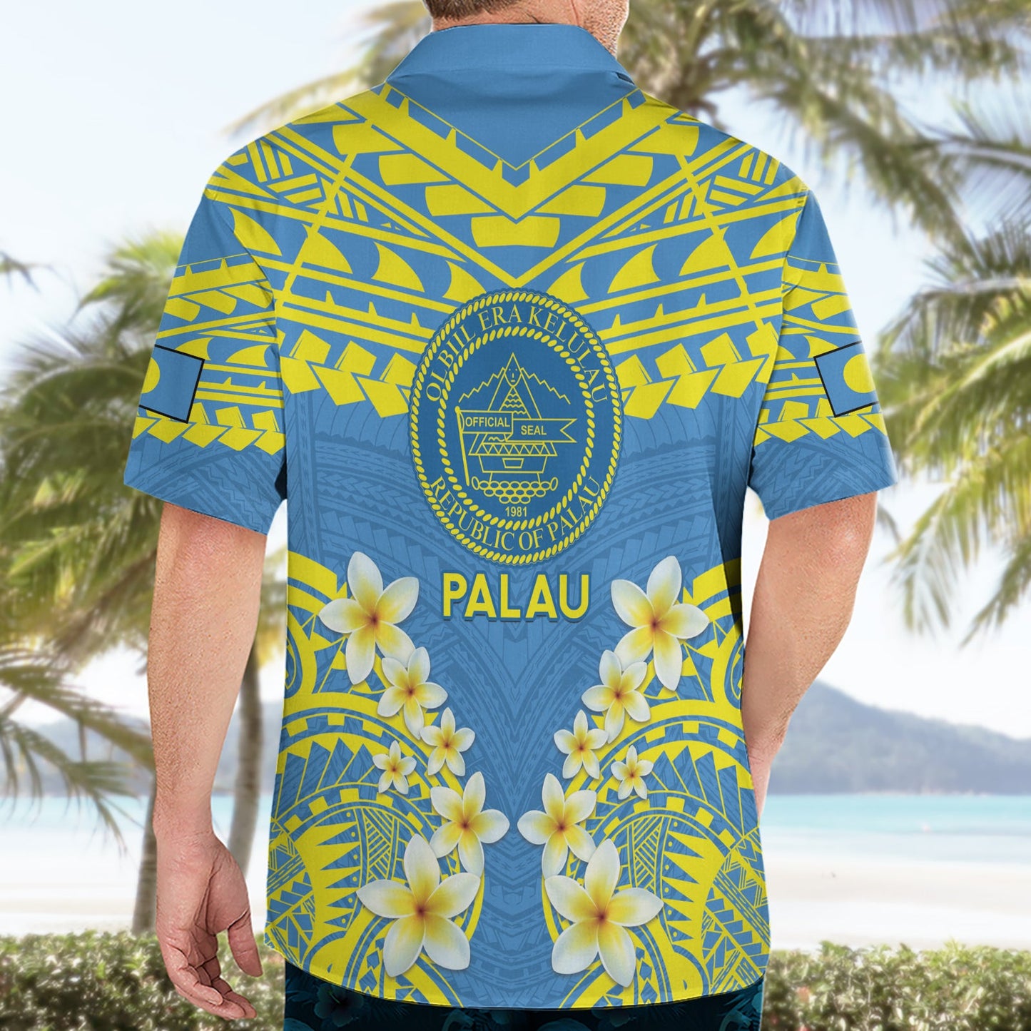 Palau Constitution Day Hawaiihemd Belau-Siegel mit polynesischem Frangipani-Muster - Blau LT14