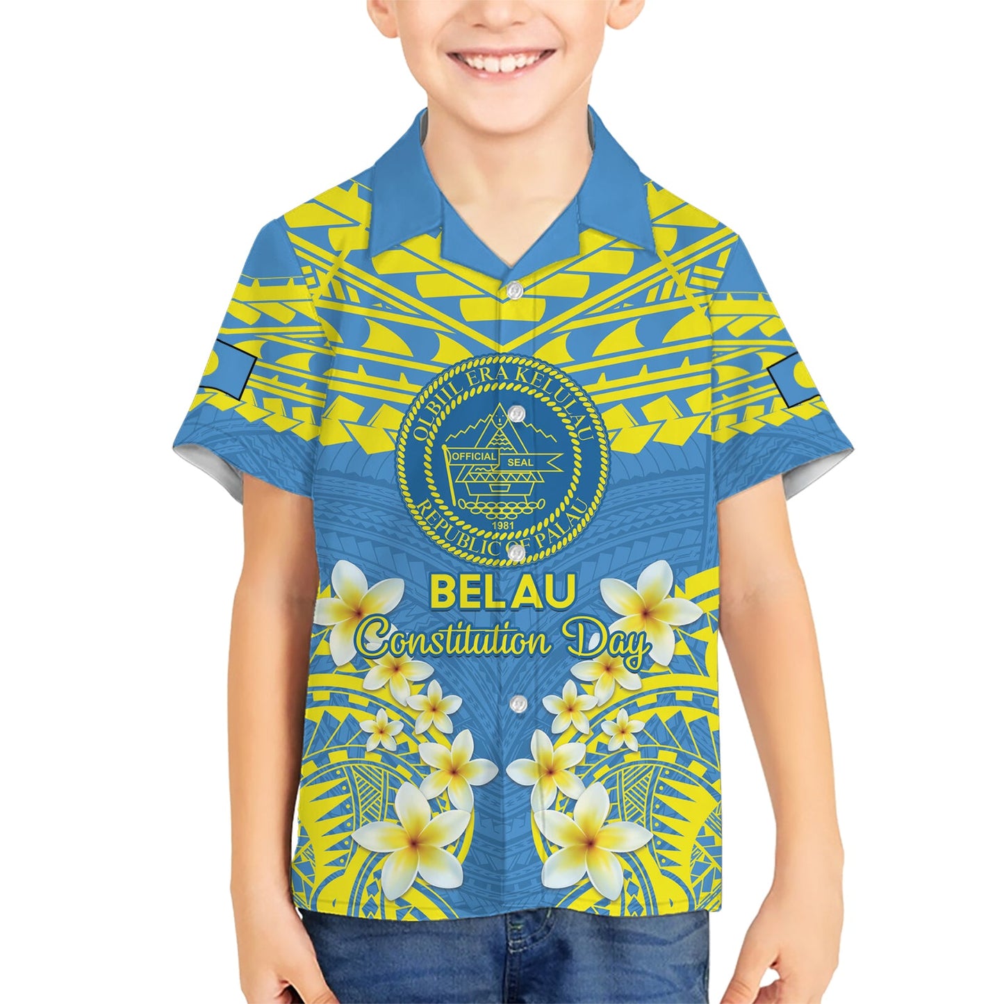 Palau Constitution Day Hawaiihemd Belau-Siegel mit polynesischem Frangipani-Muster - Blau LT14