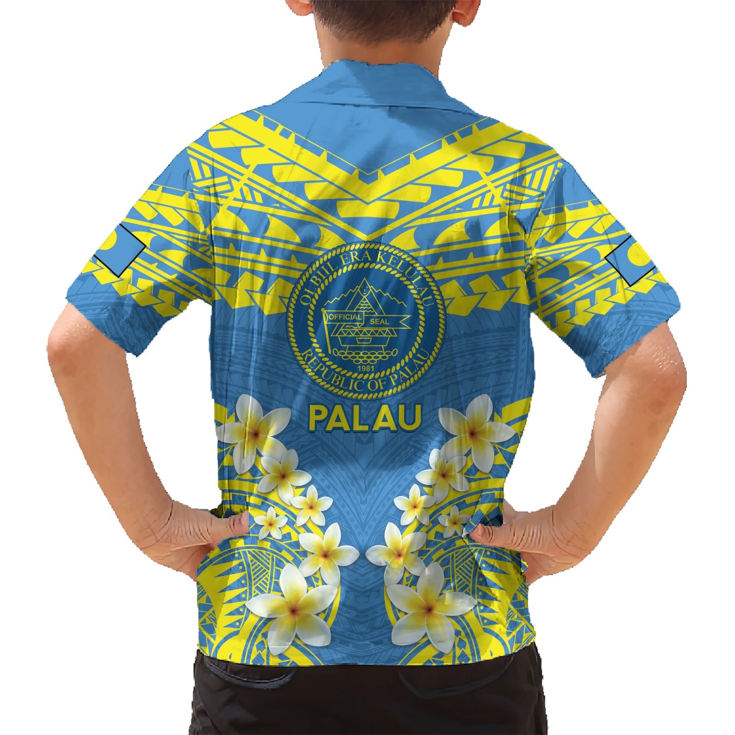 Palau Constitution Day Hawaiihemd Belau-Siegel mit polynesischem Frangipani-Muster - Blau LT14