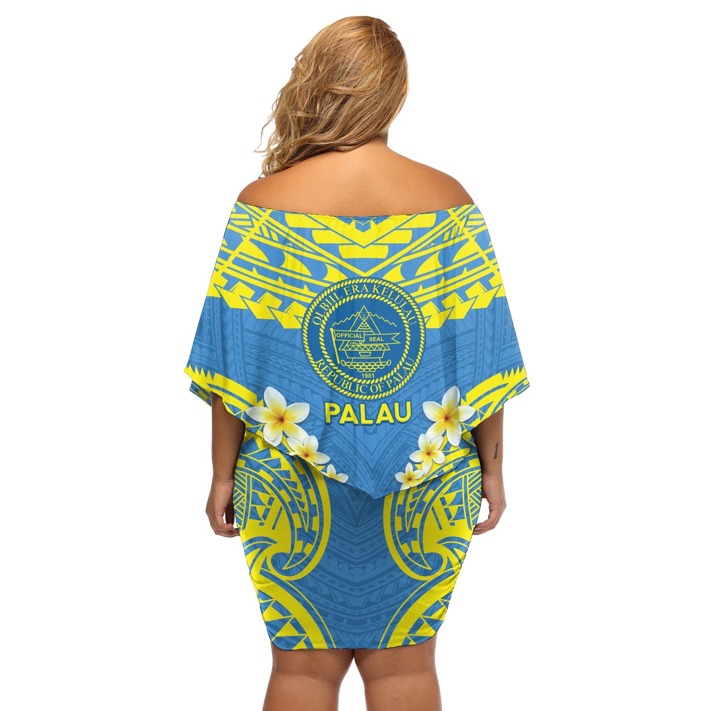 Palau Constitution Day - Schulterfreies, kurzes Kleid mit blumen - Belau Seal mit polynesischem Frangipani-Muster - Blau LT14