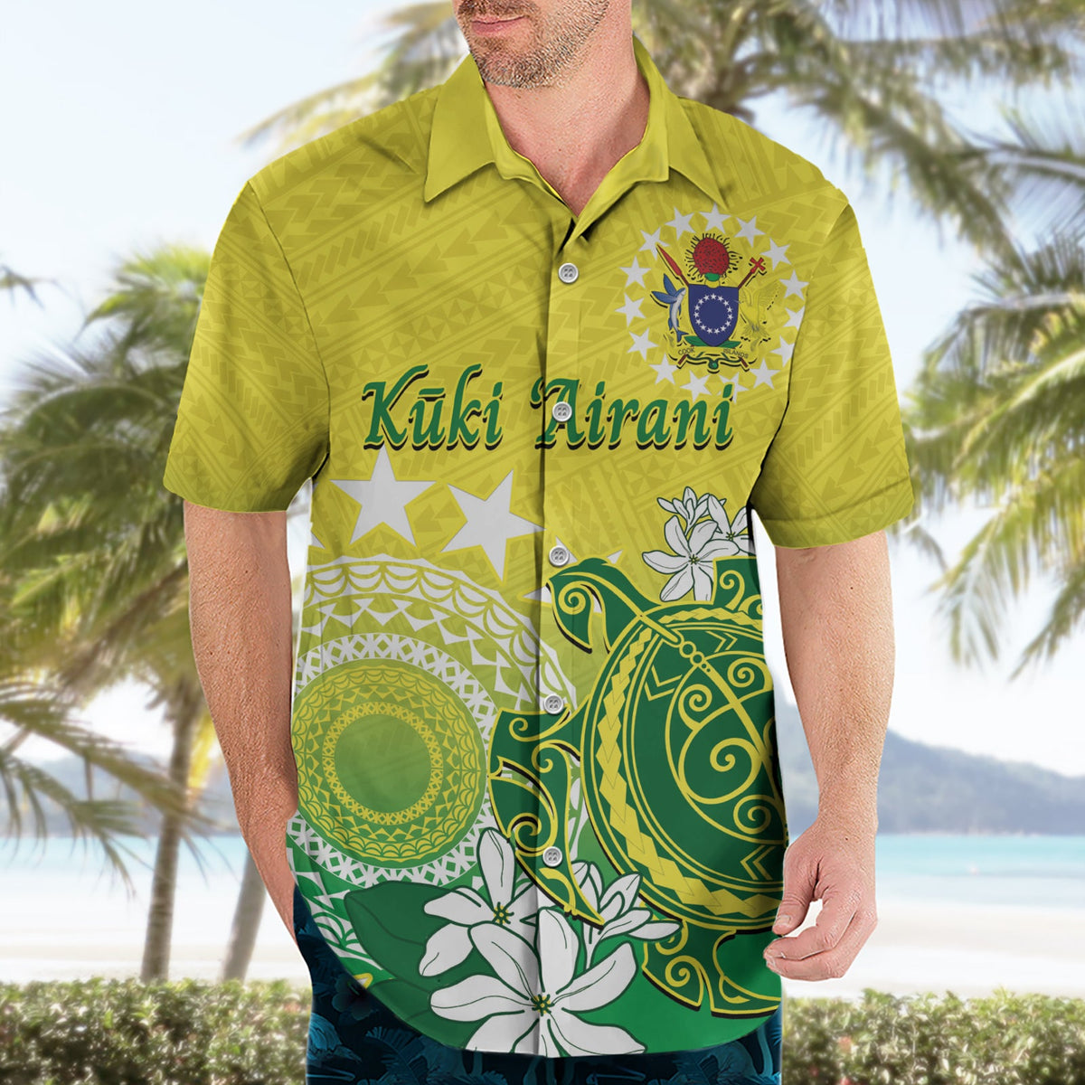 Cook Islands Unabhängigkeitstag Hawaiihemd Kuki Airani Tiare Maori Polynesisches Muster - Grün LT14