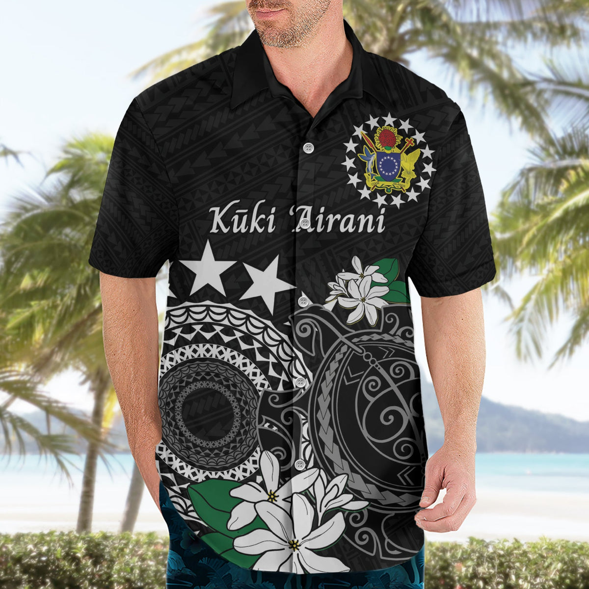 Cook Islands Unabhängigkeitstag Hawaiihemd Kuki Airani Tiare Maori Polynesisches Muster - Schwarz LT14