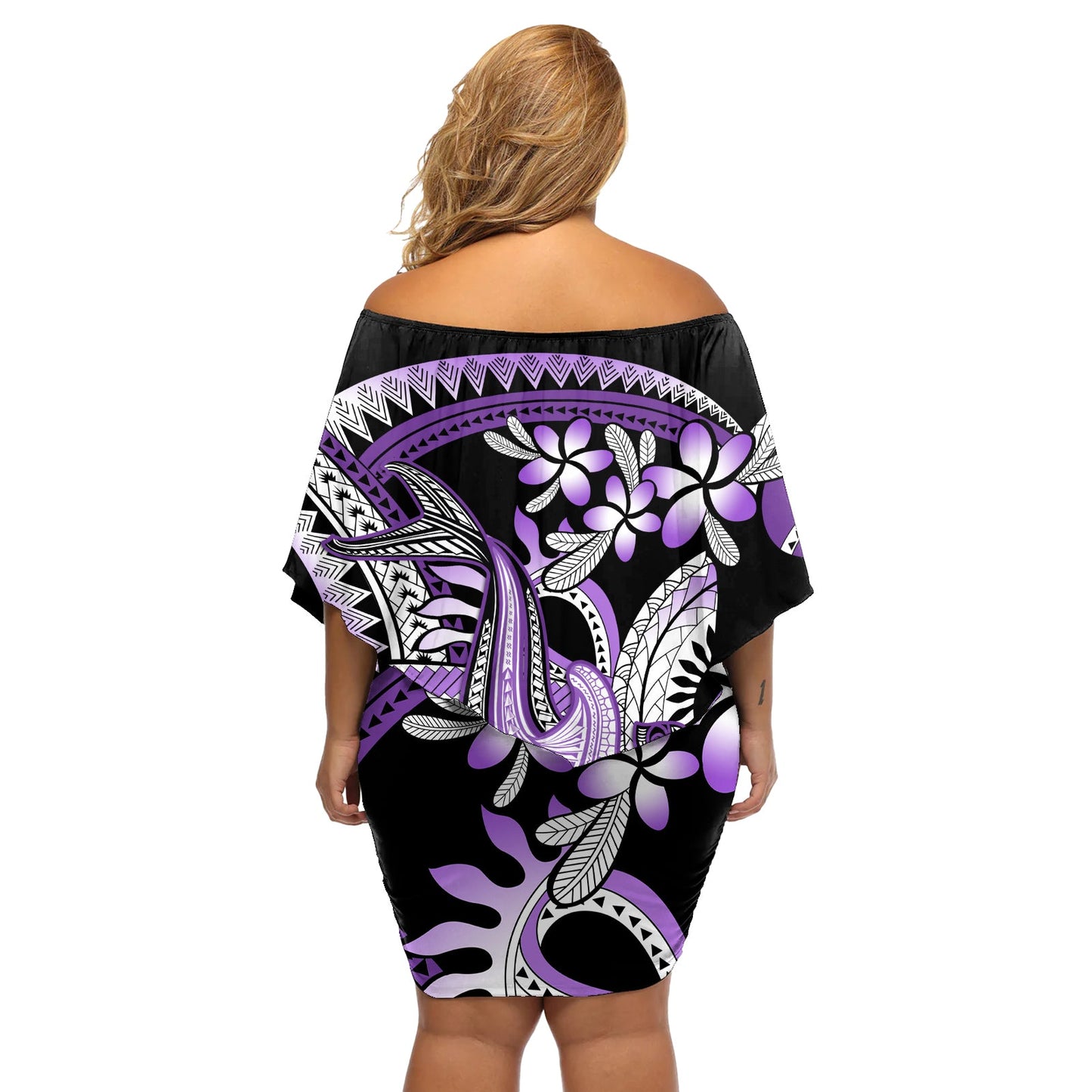 Lila polynesisches schulterfreies kurzes Kleid blumen Hammerhai Tattoo Royal Plumeria Gradient Vibes LT14