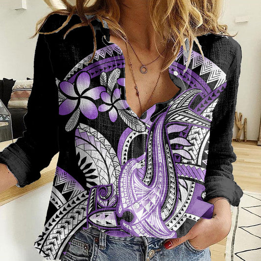 Purple Polynesian Women Casual Shirt Hammerhead Shark Tattoo Royal Plumeria Gradient Vibes LT14 Female Purple - Polynesian Pride