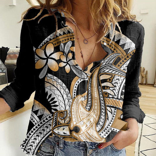Gold Polynesian Hammerhead Shark Tattoo Women Casual Shirt Royal Plumeria Gradient Vibes LT14 Female Gold - Polynesian Pride