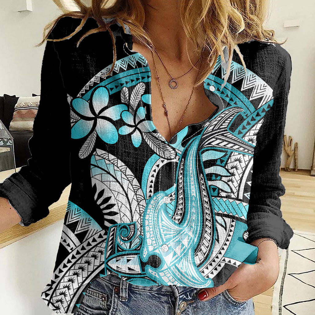 Turquoise Polynesian Hammerhead Shark Tattoo Women Casual Shirt Royal Plumeria Gradient Vibes LT14 Female Turquoise - Polynesian Pride