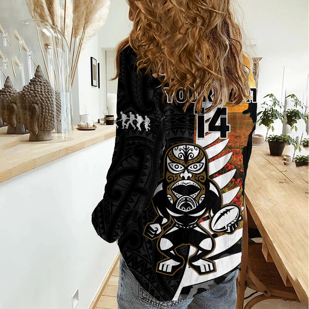 Benutzerdefinierte Neuseeland Silver Fern Rugby ANZAC Day Frauen Casual Shirt 2024 Alle Schwarz Tiki Maskottchen LT14