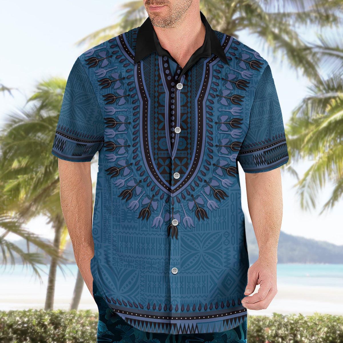 Blaues afrikanisches Dashiki mit fidschianischem Tapa-Muster, Hawaiihemd LT14