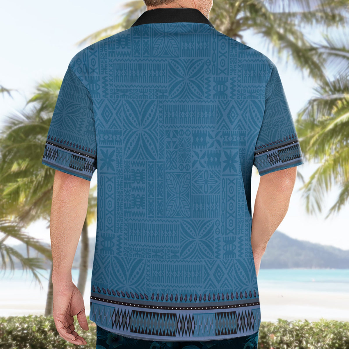 Blaues afrikanisches Dashiki mit fidschianischem Tapa-Muster, Hawaiihemd LT14