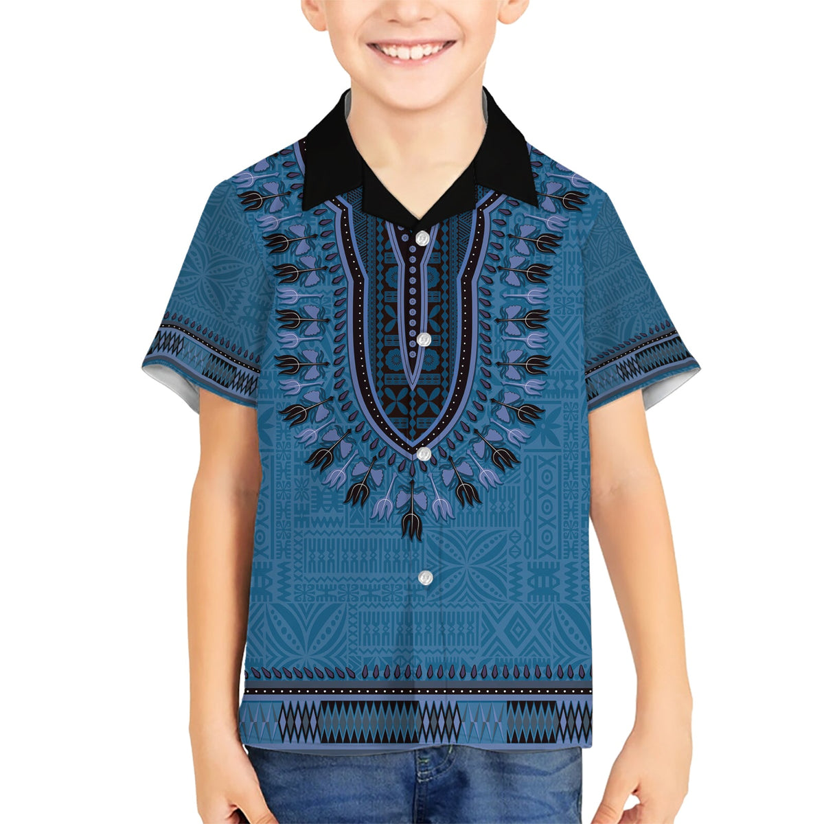 Blaues afrikanisches Dashiki mit fidschianischem Tapa-Muster, Hawaiihemd LT14