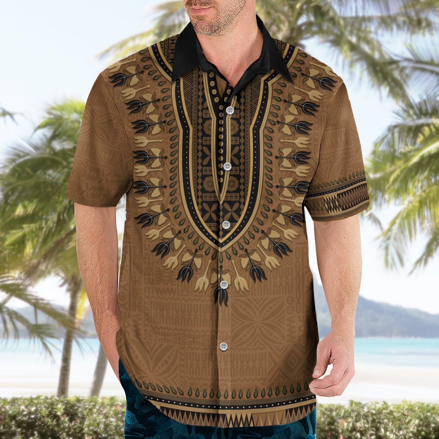 Braunes afrikanisches Dashiki mit fidschianischem Tapa-Muster, Hawaiihemd LT14