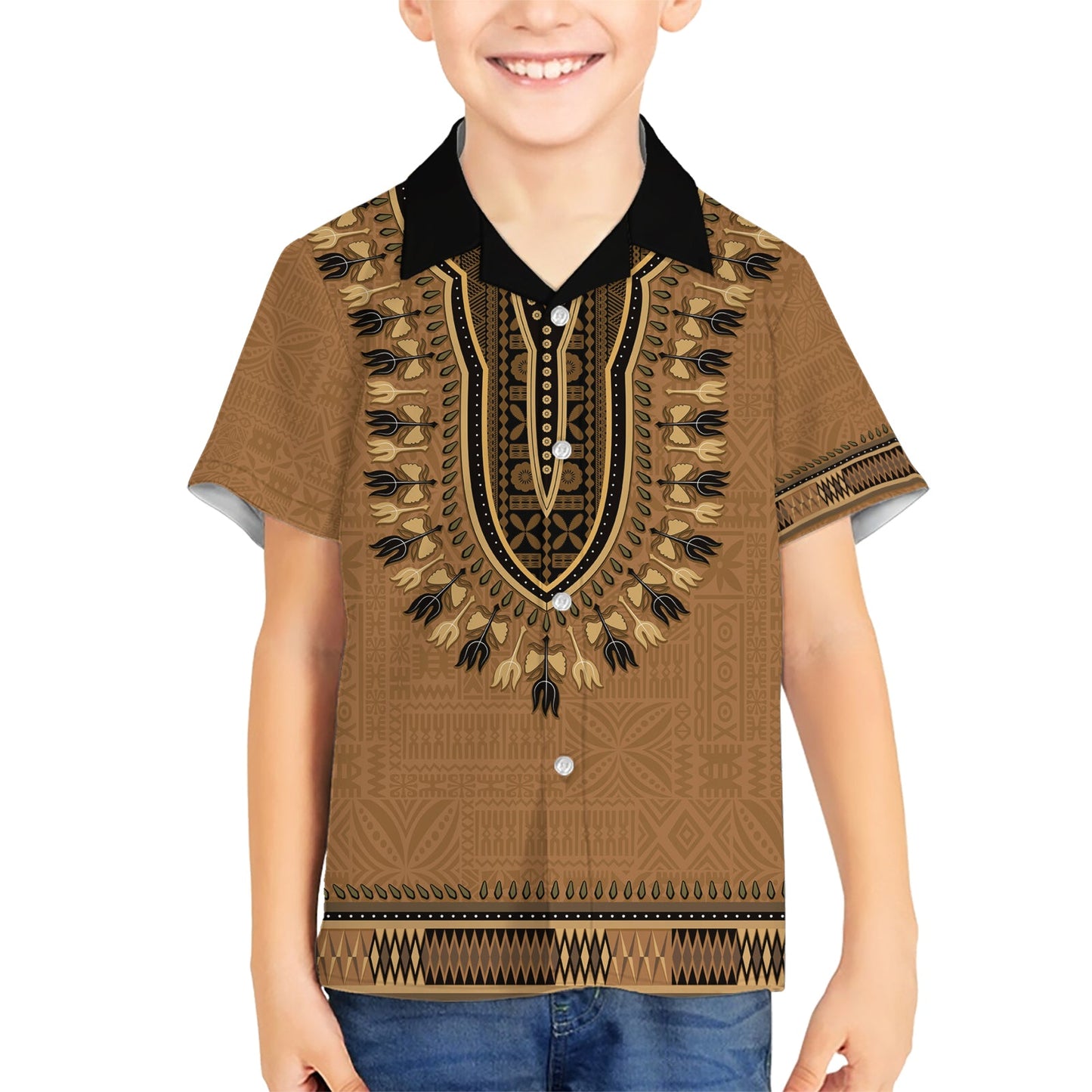 Braunes afrikanisches Dashiki mit fidschianischem Tapa-Muster, Hawaiihemd LT14