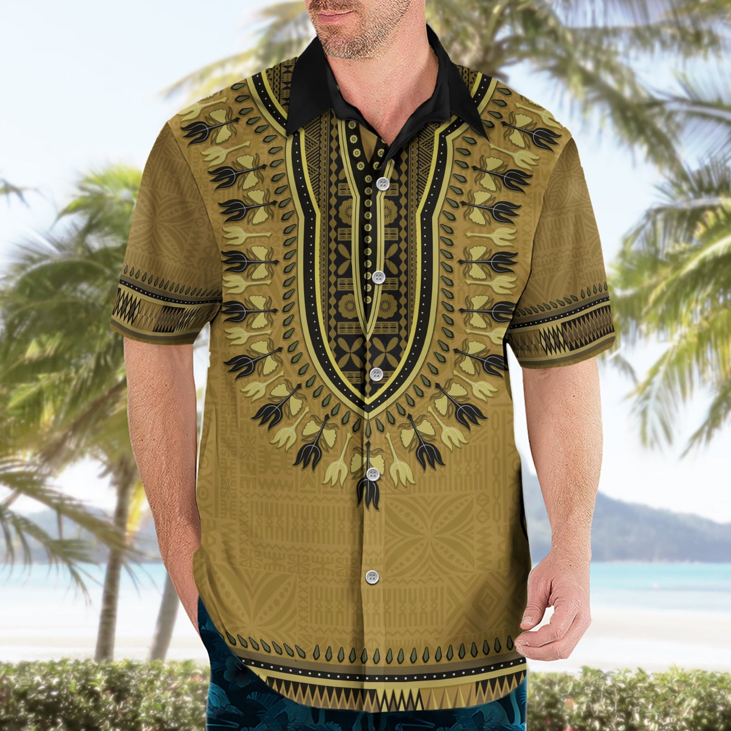 Goldfarbenes afrikanisches Dashiki mit fidschianischem Tapa-Muster, Hawaiihemd LT14